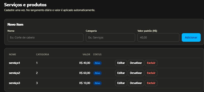Tela de cadastro de serviços e produtos com nome, categoria, valor padrão e status