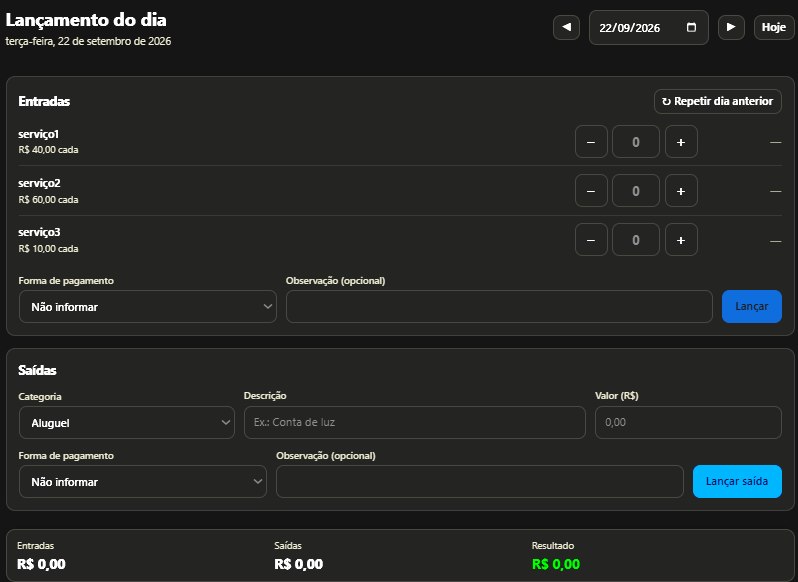Tela de lançamento do dia com contadores de quantidade por serviço, formulário de saídas e totais do dia