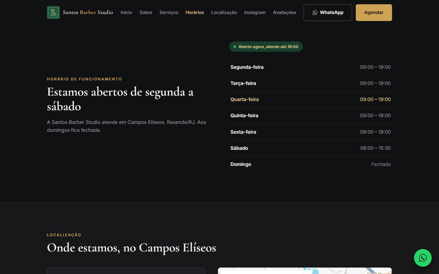 Horário de funcionamento com aviso de aberto agora
