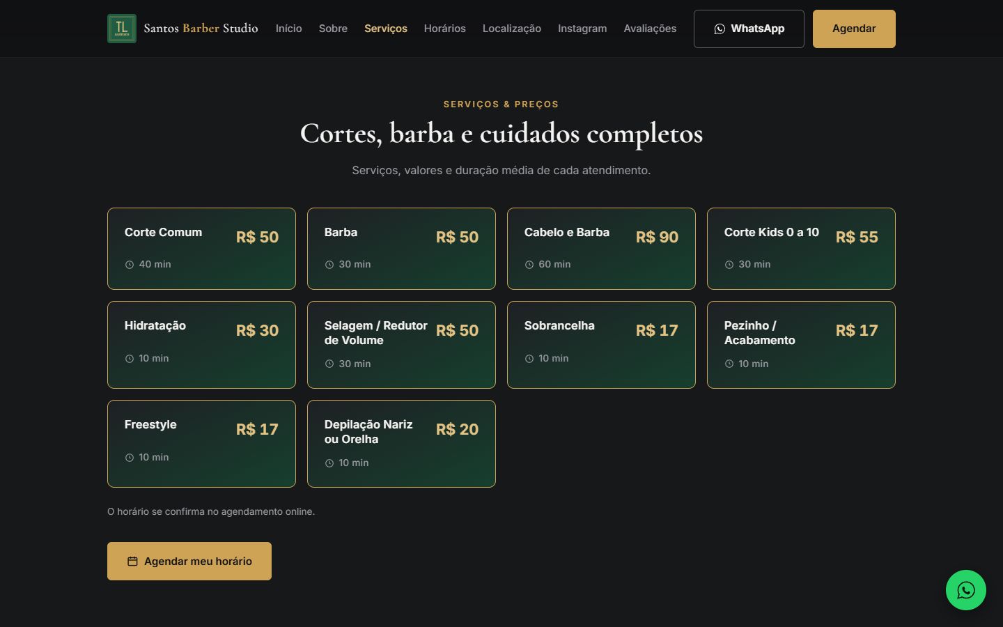Tabela de serviços da Santos Barber Studio com preços e duração